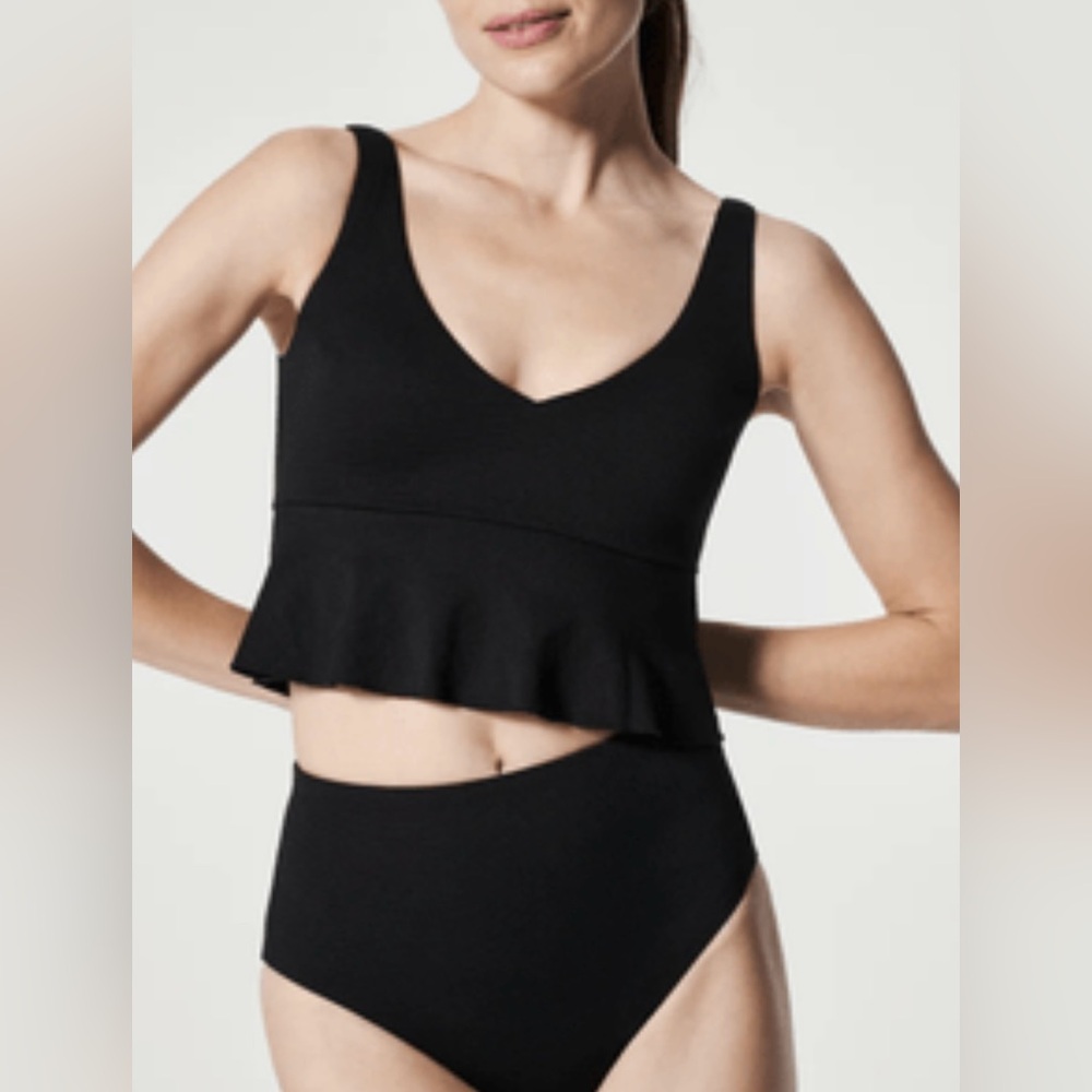 Spanx Swim pique longline flounce top NWT Black